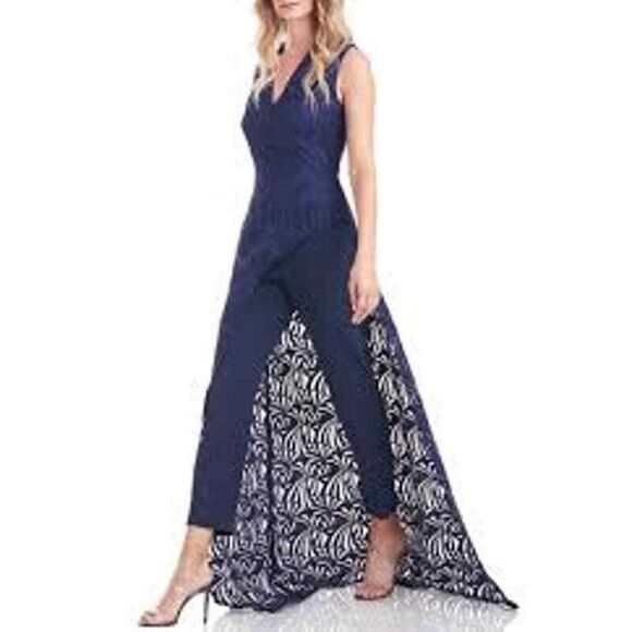 Kay Unger New York Kimora Asymmetric Blue Lace Jumpsuit Size 6